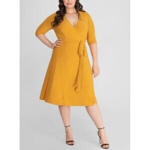 Kiyonna True Wrap Dress Tuscan Sun Yellow 1X New Neutral Minimalist Liquid Knit